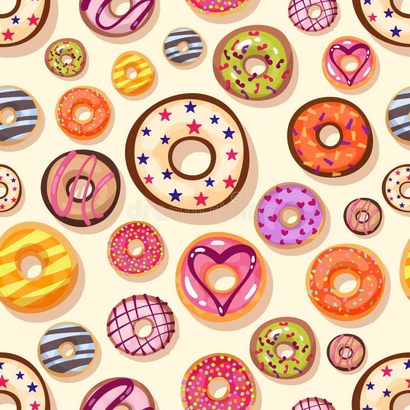 Colorful donuts with sprinkles seamless pattern. Doodle sketch style background. stock illustration
