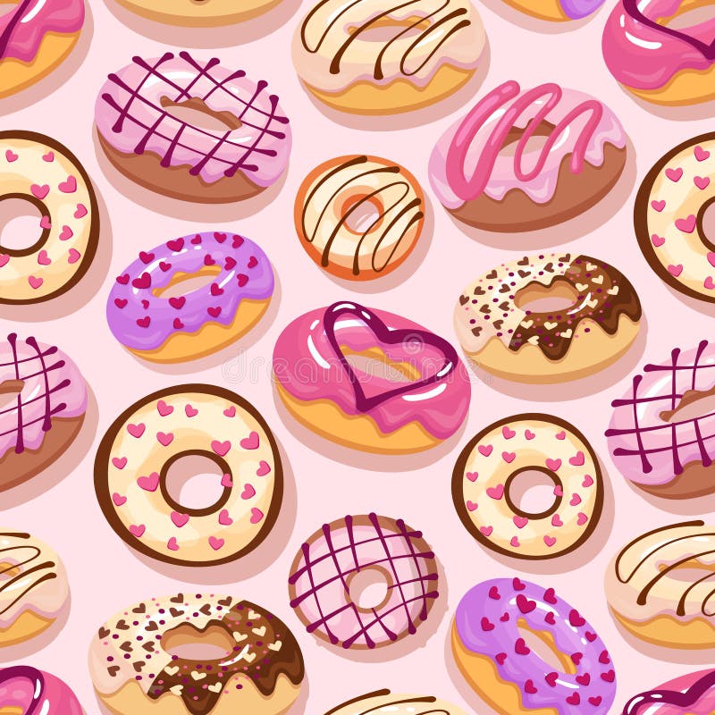 Colorful donuts with sprinkles seamless pattern. Doodle sketch style background. royalty free illustration