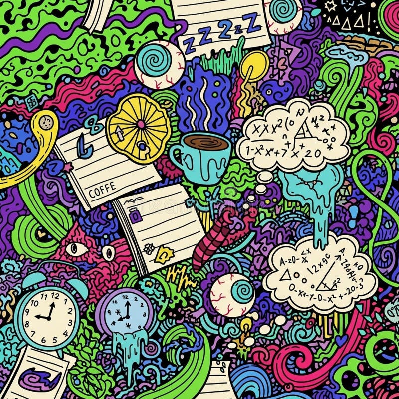 Colorful doodle art featuring various whimsical elements like steaming coffee cups clocks mathematical equations and notes. The design is filled with green blue purple and pink tones and includes abstract shapes and wavy patterns. Clock faces show different times and papers are scattered with handwritten notes. Mathematical symbols and cloud like thought bubbles add to the chaotic yet playful theme. Elements blend together in a surreal dream like arrangement showcasing an imaginative and vibrant composition. Handwritten symbols illustrations
