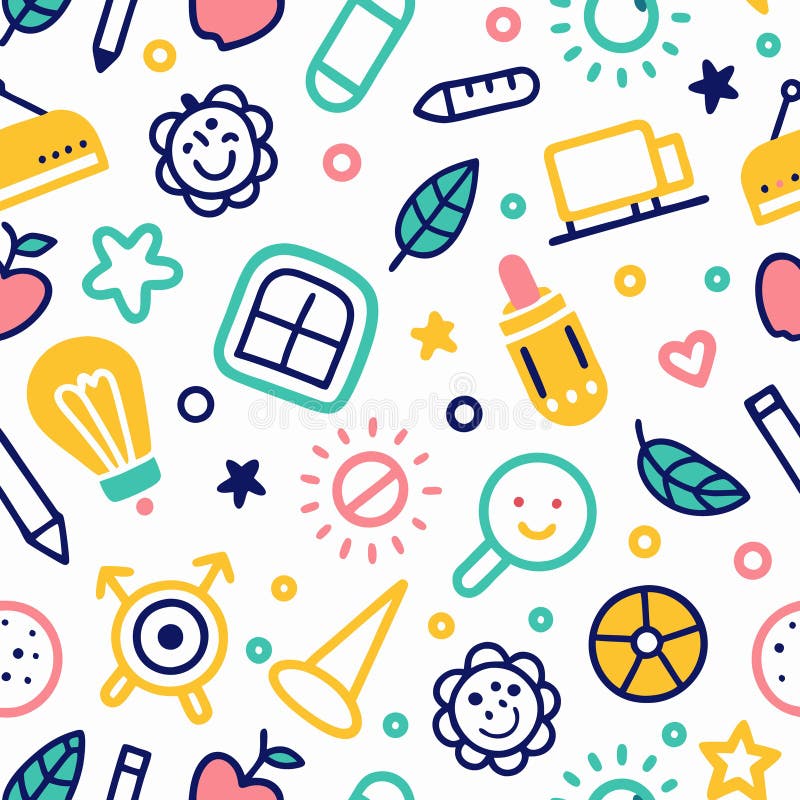 Colorful doodle pattern with school, nature, and happy icons royalty free illustration