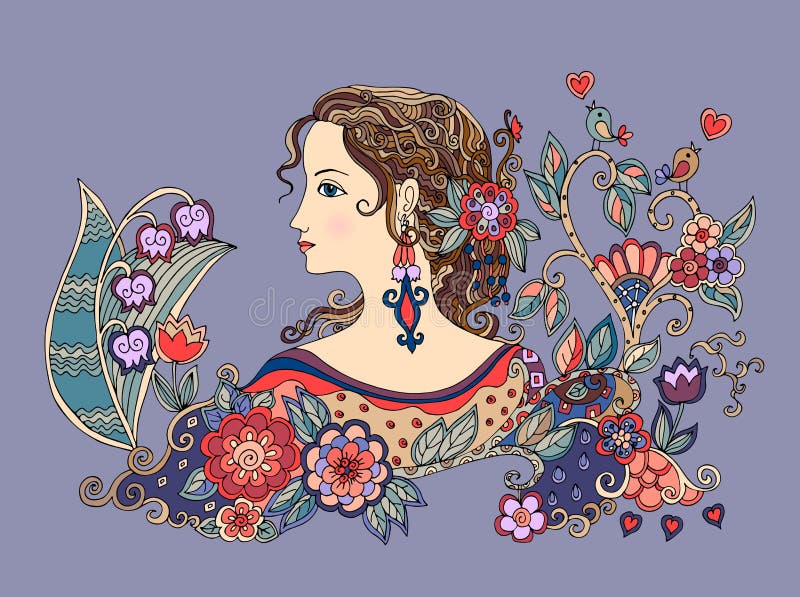Colorful doodle portrait of beautiful girl in profile with flowers vector illustration Colorful doodle portrait of beautiful girl in profile with flowers vector illustration