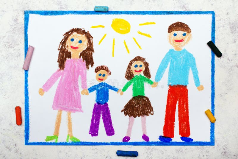 Photo of colorful drawing: happy family, mother, dad, son and daughter