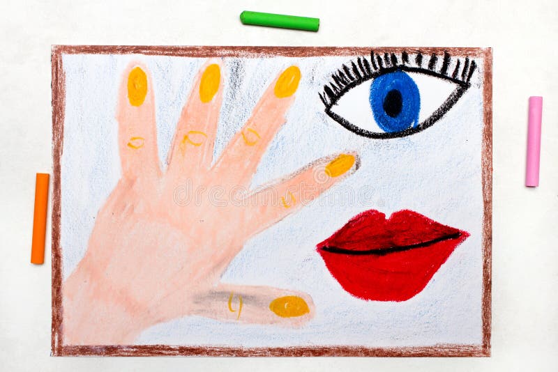 Drawing: Human body parts, hand, eye and mouth.