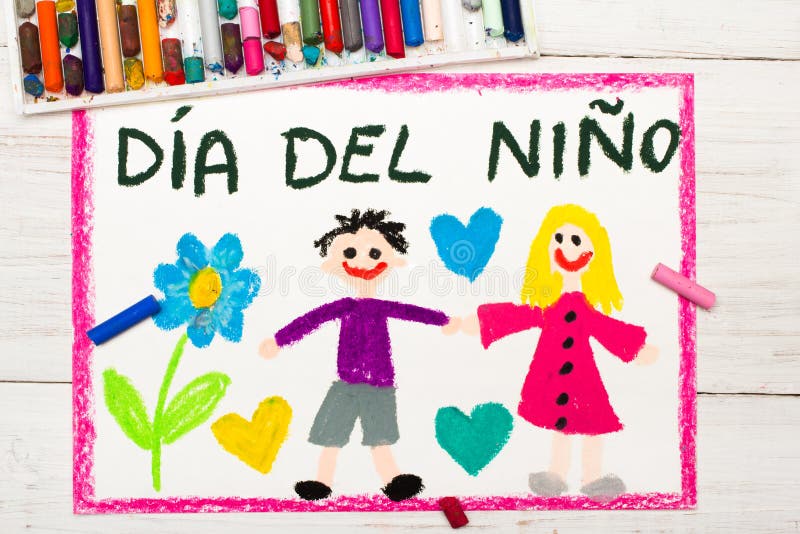 Colorful drawing: Spanish Children`s day card. Colorful drawing: Children`s day card with Spanish words Children`s day stock image