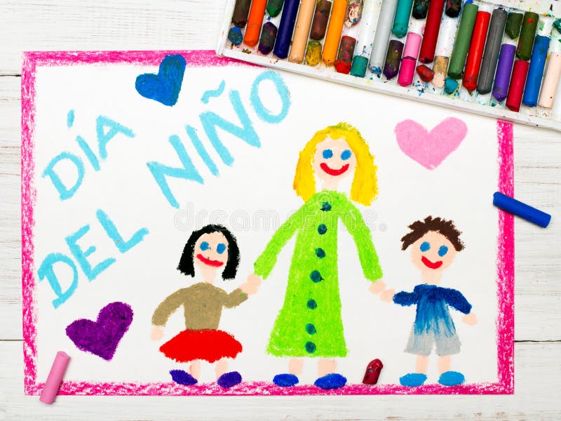 Colorful drawing: Spanish Children`s day card. Colorful drawing: Children`s day card with Spanish words Children`s day stock photo