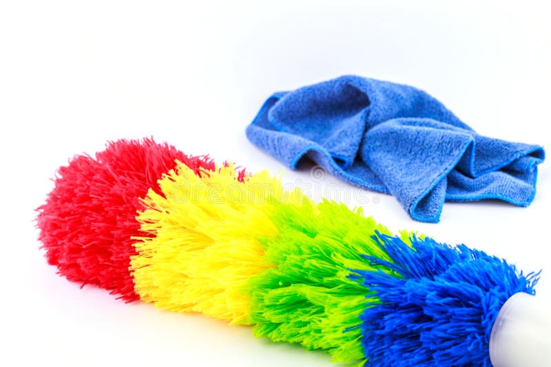 Colorful duster with plastic handle.