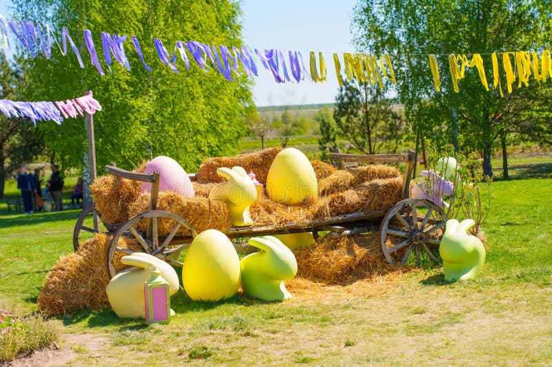 Colorful Easter Decorations with Bunnies and Eggs in a Spring Setting stock photography