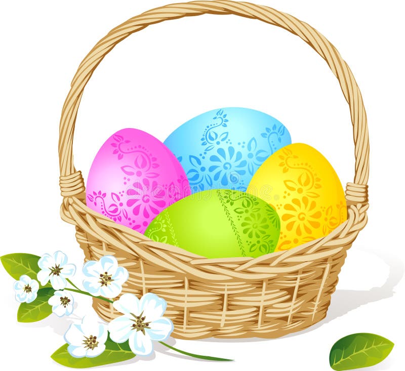 Colorful easter eggs in basket with spring flower