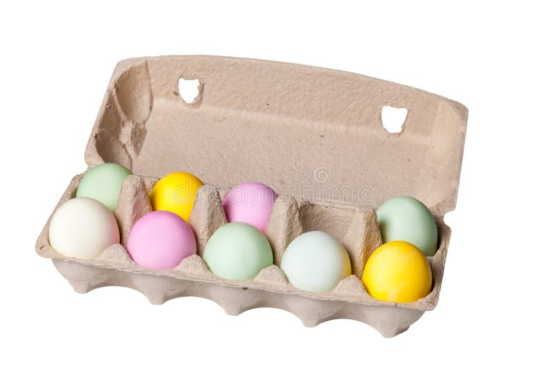 Colorful Easter Eggs in a Cardboard Tray on White Background Stock