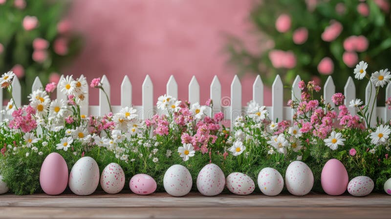 Colorful Easter eggs displayed in a garden near a white picket fence with vibrant flowers