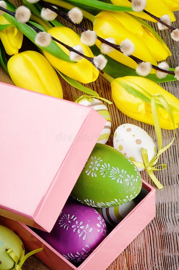 Colorful Easter eggs in gift box