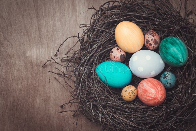 Colorful Easter eggs in a nest in a rustic style