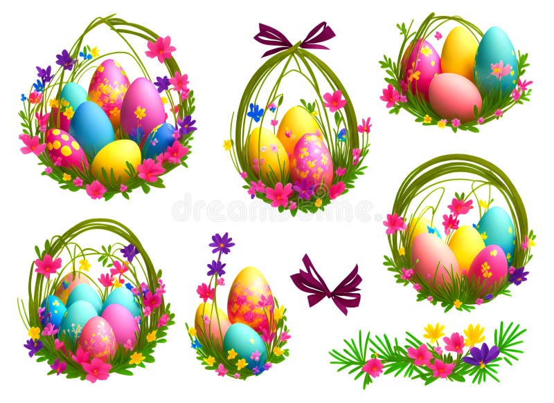 Colorful Easter Set with Easter Eggs, Flowers, Bunnies Stock Photo