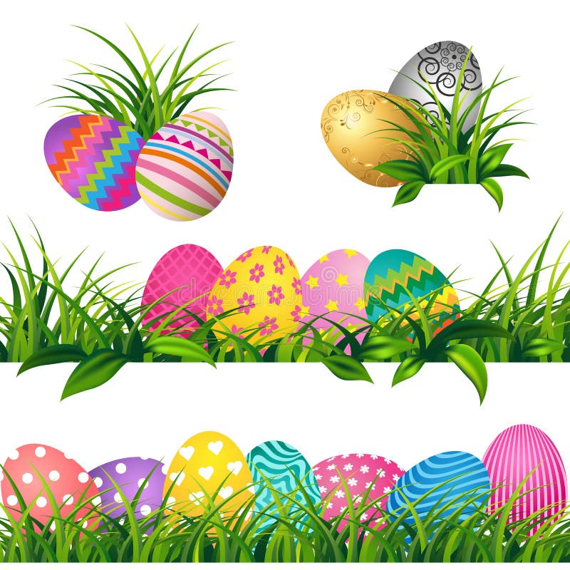 Colorful Eggs and Spring Green Grass Borders Set for Easter Day Stock