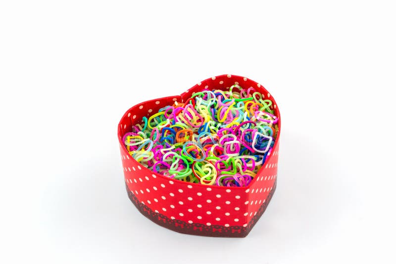 Colorful Elastic Rainbow Loom Bands in Gift Box Shaped Heart. Stock
