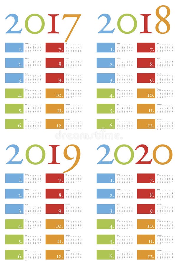 Colorful and elegant Calendar for years 2017, 2018, 2019 and 2020 vector illustration Colorful and elegant Calendar for years 2017, 2018, 2019 and 2020 vector illustration