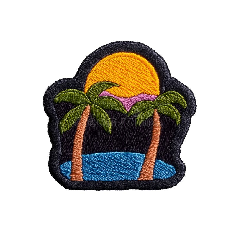 Colorful embroidered patch featuring palm trees and sun on transparent background stock photos