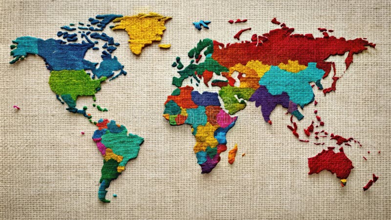 Colorful Embroidered World Map on Textured Fabric Background. Generative AI. Artistic Render, Generative AI.