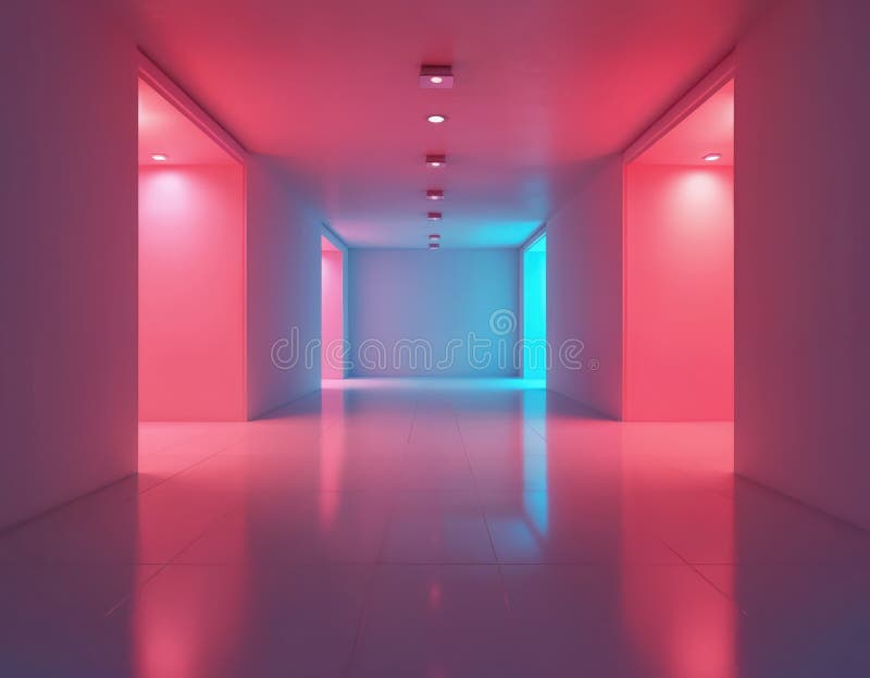 Colorful empty corridor in liminal space. 3D render illustration. Modern architecture interior with pink, blue neon light. Blank stock illustration