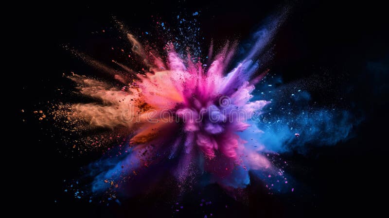 Explozie colorată a pulberii în aer față de fond închis. afișarea vibrantă a culorilor în mișcare. dinamice și stock images