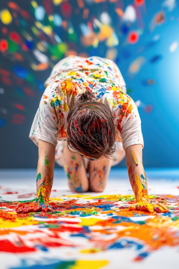 Colorful expression: young caucasian female engages in dynamic interactive art experience stock photos