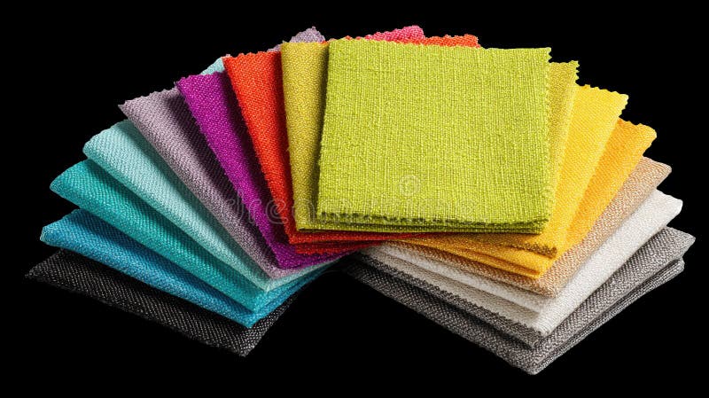 Colorful fabric samples showing variety of textures and colors on transparent background stock illustration