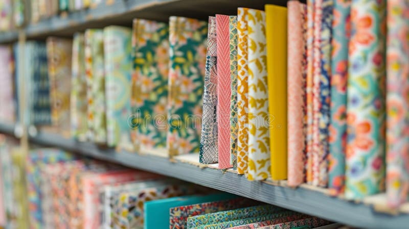 Colorful fabrics organized on shelf displaying floral and geometric patterns stock image