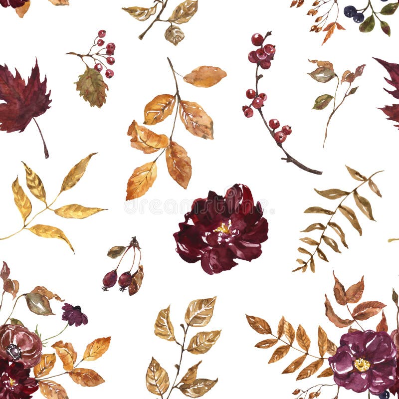 Colorful fall floral seamless pattern on white background. Watercolor red, burgundy, purple flowers, dry orange leaves, foliage