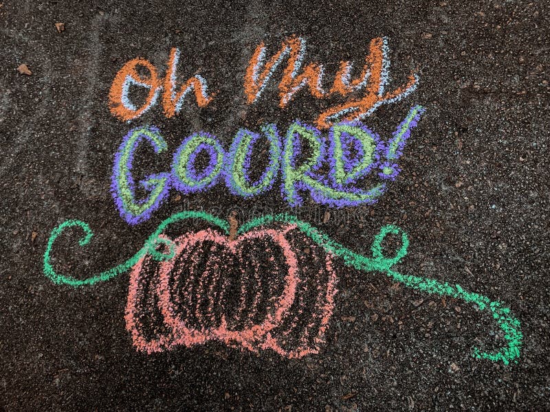 Colorful fall-themed chalk art on a driveway that says, `Oh my gourd!` with a pumpkin underneath. Play on words of `Oh my gosh!` or `Oh my God!`. Colorful fall-themed chalk art on a driveway that says, `Oh my gourd!` with a pumpkin underneath. Play on words of `Oh my gosh!` or `Oh my God!`.