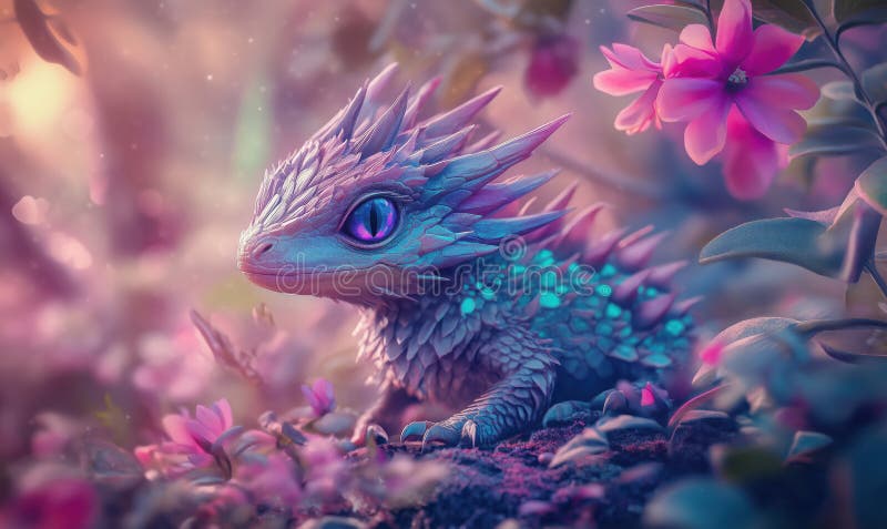 Colorful fantasy dragon creature among vibrant flowers in magical garden setting stock images