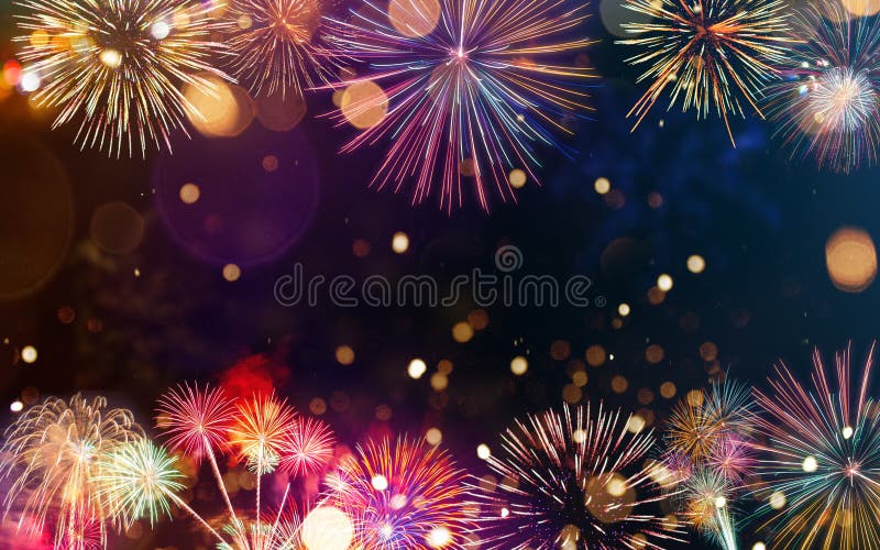 Colorful firework with bokeh background. New Year celebration.