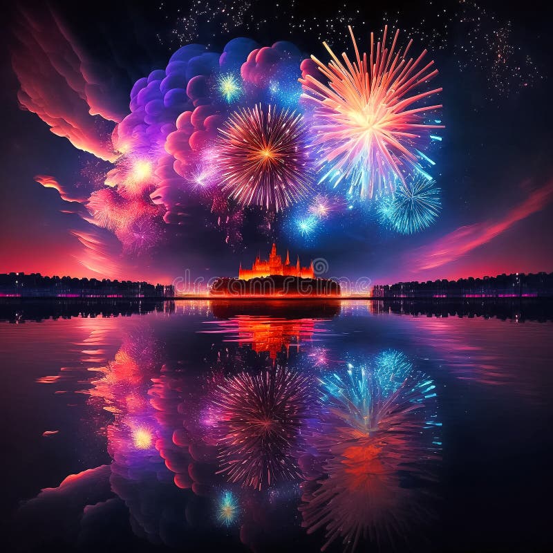 Colorful fireworks, evening festive cityscape, city on the lake, generative ai