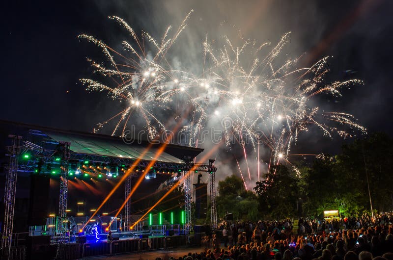 A colorful fireworks in Kuldiga, Latvia royalty free stock photography