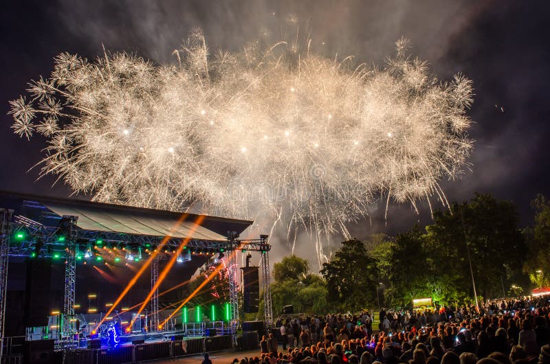 A colorful fireworks in Kuldiga, Latvia stock images