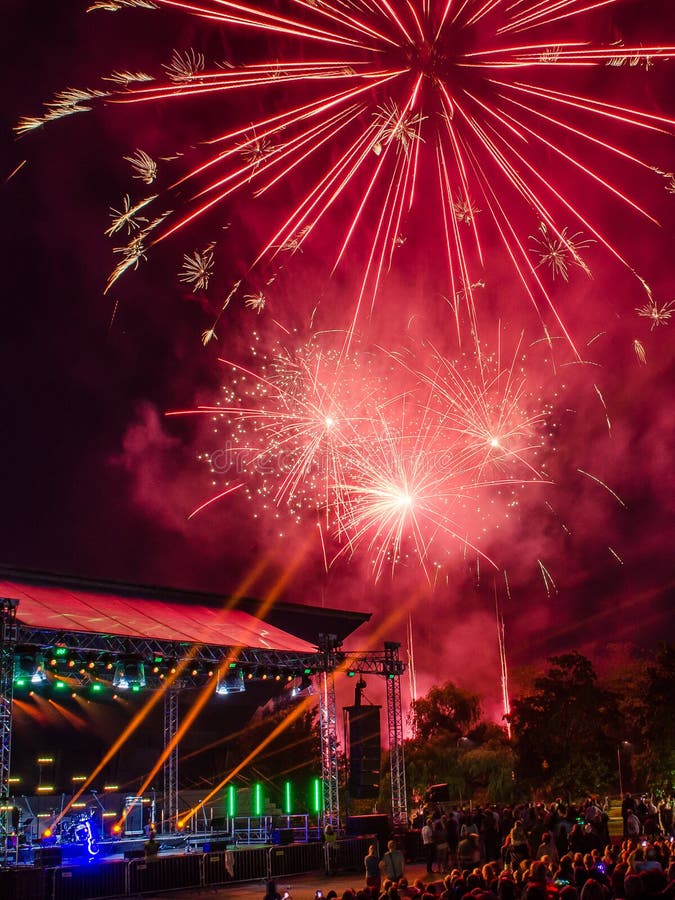 A colorful fireworks in Kuldiga, Latvia stock photography