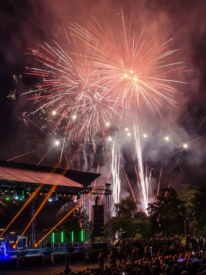 A colorful fireworks in Kuldiga, Latvia stock photography