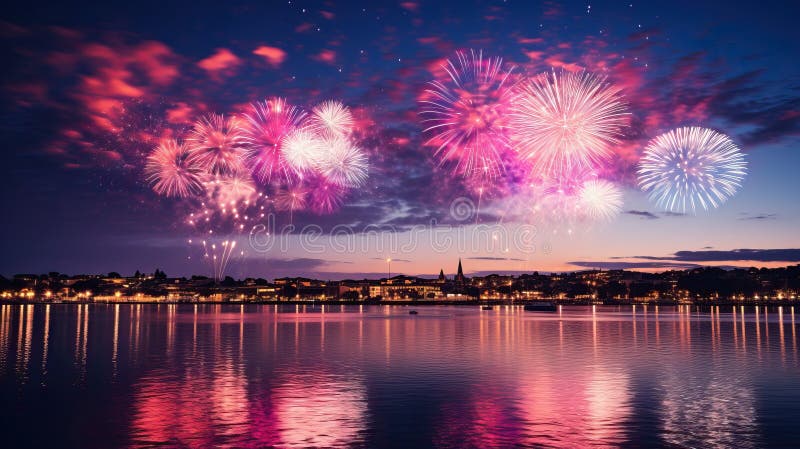 Colorful fireworks over lake and city skyline at night.