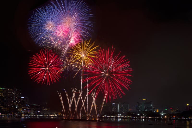 Colorful fireworks over night sky,red fireworks lines