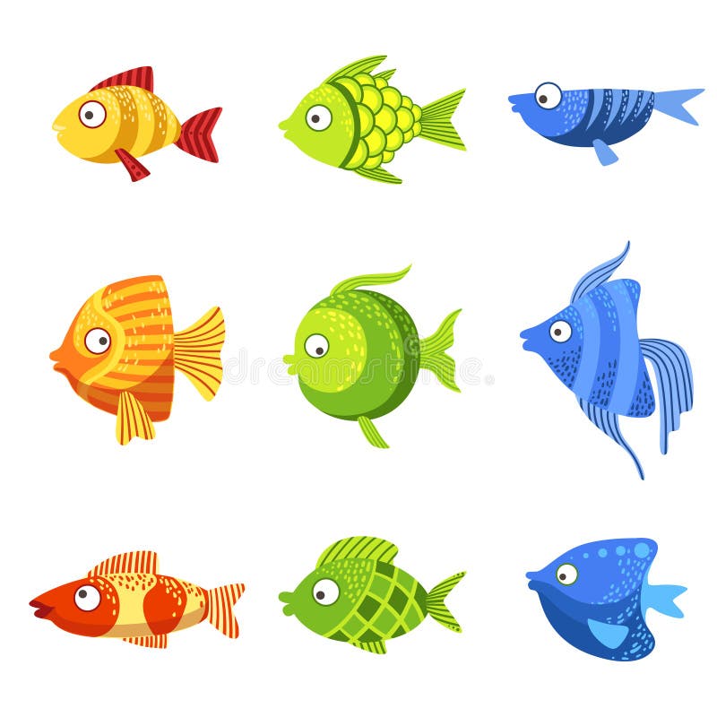 Colorful Fish Set of Cute Bright Color Childish Design Vector