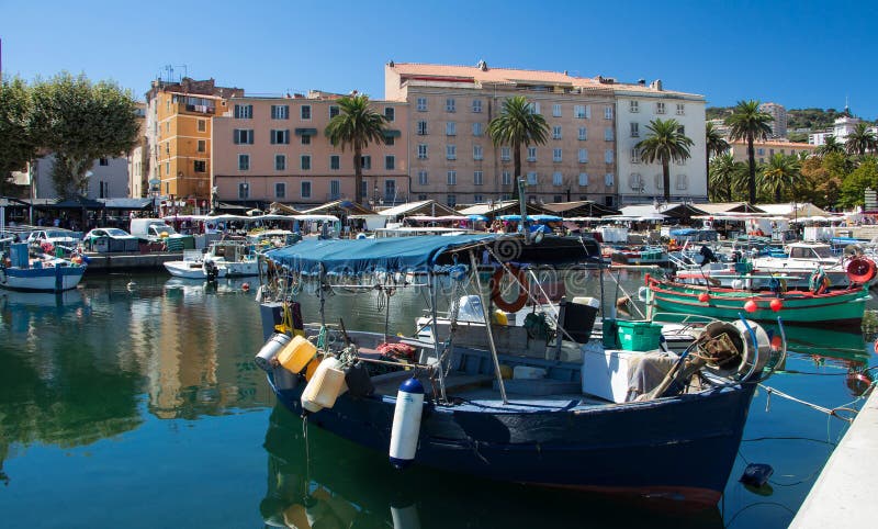 The colorful fishing boat in Ajaccio port, Corsica island.