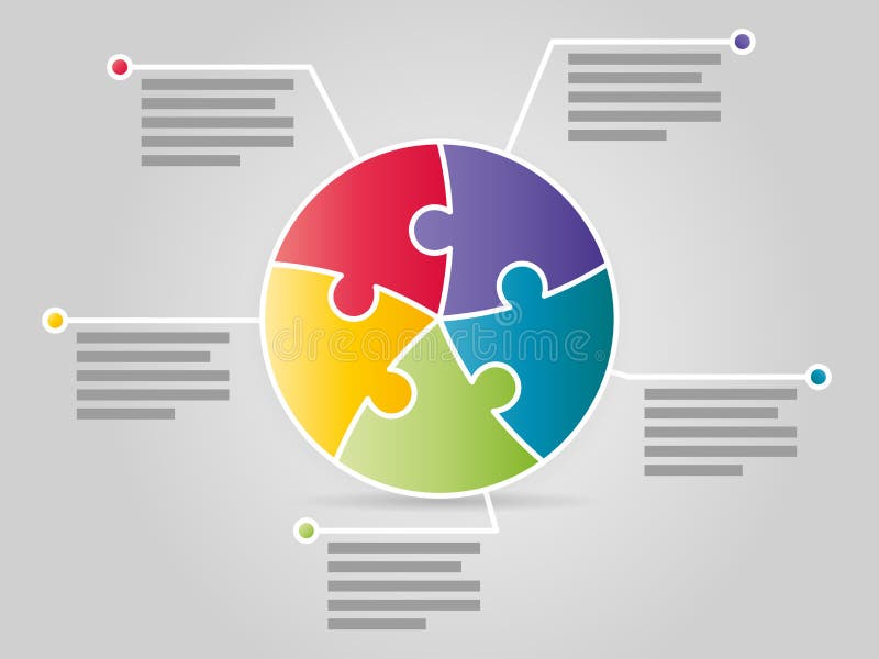 Colorful five sided circle puzzle presentation infographic template vector illustration