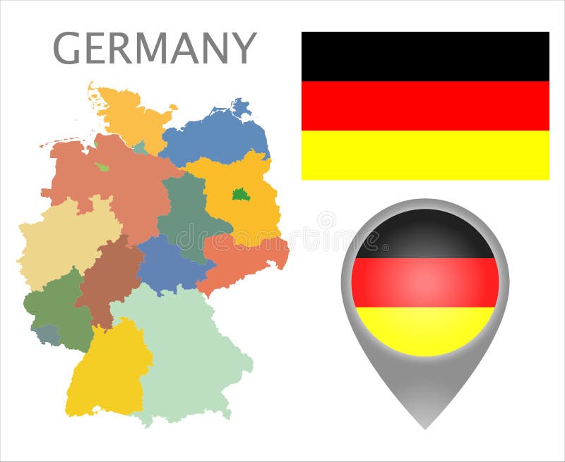Germany Flag, Map Pointer and Map with Administrative Divisions Stock