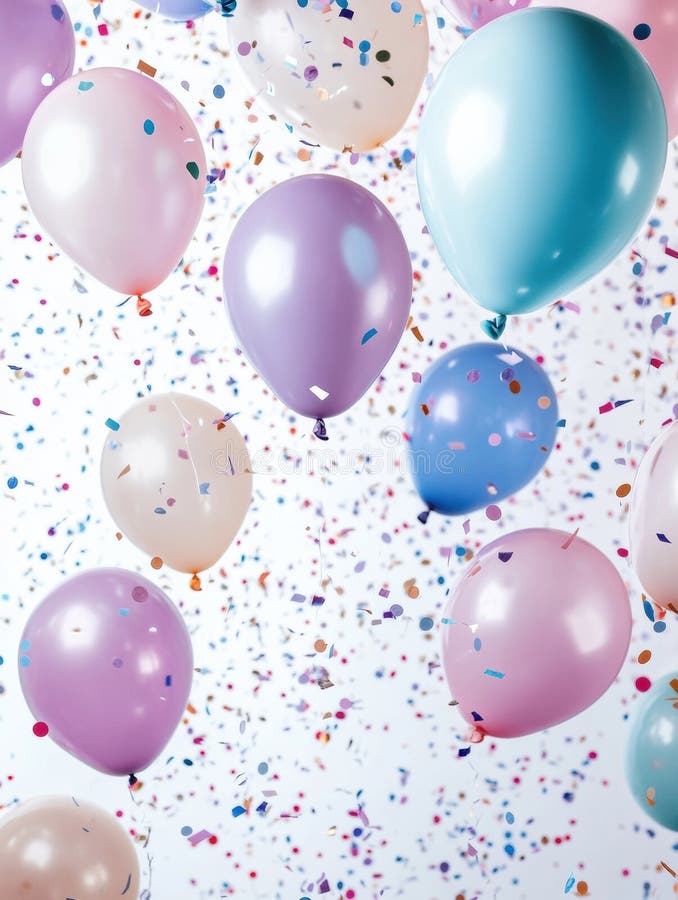 Colorful floating balloons and confetti create a festive atmosphere on a bright white background perfect for joyful stock photo