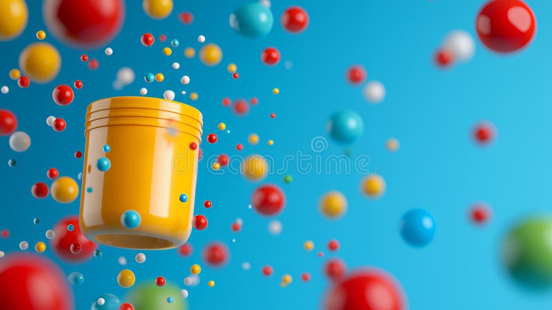 Colorful Floating Balls Surrounding a Yellow Container in Dynamic Composition royalty free illustration