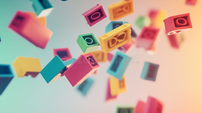 Colorful Floating Blocks in Abstract Motion Focused on Geometric Shapes and Soft Gradient Background stock illustration
