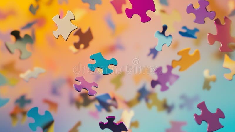 Colorful Floating Puzzle Pieces Against a Gradient Background Representing Creativity and Problem-Solving vector illustration