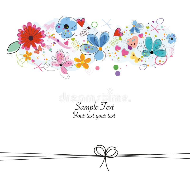 Colorful floral greeting card with abstract decorative flowers, hearts and butterflies stock illustration
