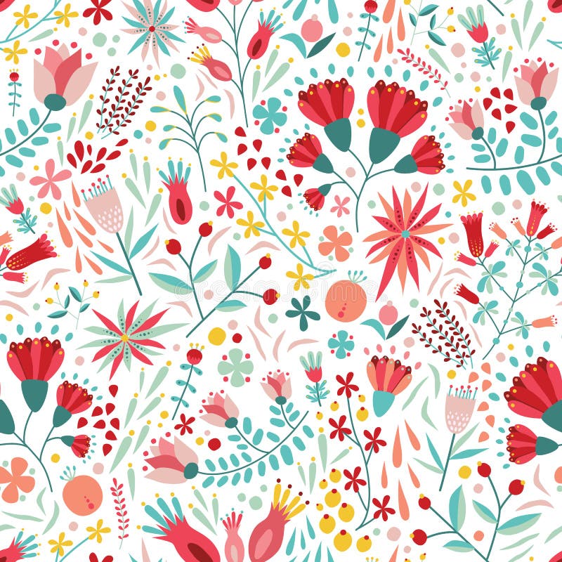 Colorful floral seamless pattern with berries, leaves and flowers on white background. Decorative botanical backdrop