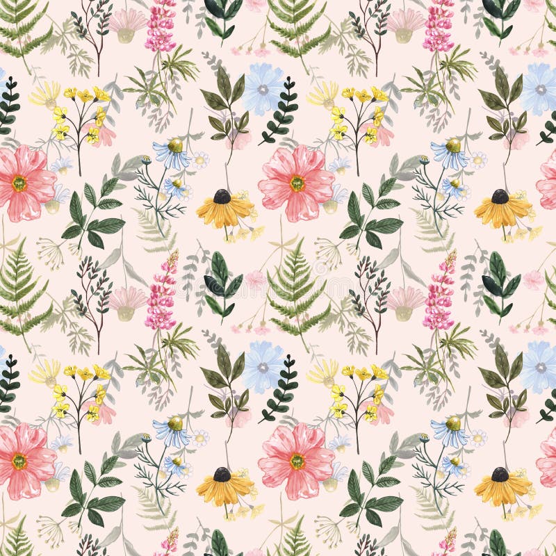 Colorful floral seamless pattern with wildflowers on pastel pink background. Watercolor wildflowers, herbs, green leaves