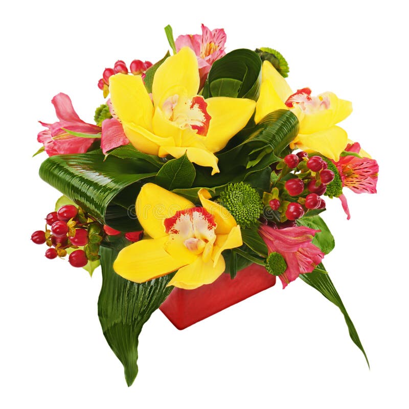 Colorful flower bouquet from orchids and lilies